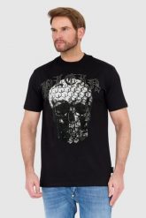 PHILIPP PLEIN Czarny t-shirt zdobiony dżetami z czaszką i logo. Czarne t-shirty męskie Philipp Plein, l, z aplikacjami, bez kołnierzyka. W wyprzedaży za 2,599.99 zł.