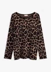 Cienki sweter w żakardowy wzór. Brązowe swetry klasyczne damskie bonprix, z żakardem, bez kołnierzyka. Za 112.99 zł.