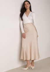Beżowa Satynowa Spódnica z Lekko Rozkloszowanym Dołem Zinnemira. Brązowe spódniczki damskie Born2be, l, bez wzorów, z satyny, eleganckie, maxi, rozkloszowane. Za 89.99 zł.