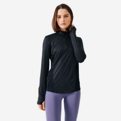 Bluza do biegania damska Kiprun Run 100 Dry. Czarne bluzy bez kaptura damskie KIPRUN, m, bez wzorów, z bawełny, bez kaptura. W wyprzedaży za 59.99 zł.