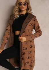 Brązowy Kardigan Niezapinany w Modny Nadruk z Kieszeniami i Kapturem Permila. Brązowe kardigany damskie Renee, bez wzorów. Za 99.99 zł.