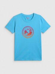 4F T-shirt regular z nadrukiem damski - niebieski XXL. Niebieskie t-shirty damskie 4f, xxl, bez wzorów, z bawełny, bez kołnierzyka. Za 59.99 zł.