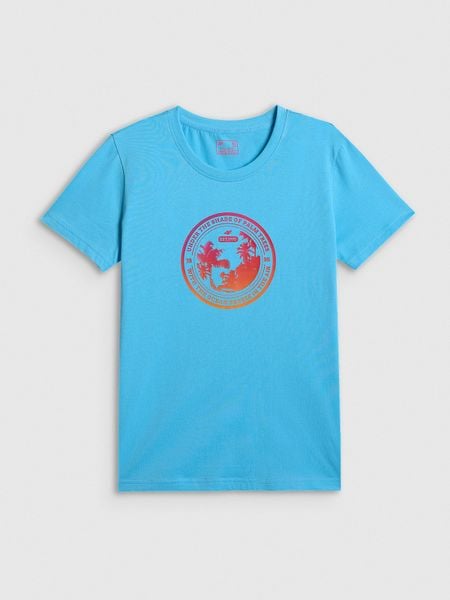 4F T-shirt regular z nadrukiem damski - niebieski XL. Niebieskie t-shirty damskie 4f, xl, bez wzorów, z bawełny, bez kołnierzyka. Za 59.99 zł.