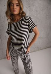 Beżowo-Granatowy Komplet z Dzianiny w Paski z Bawełną Bluzka z Krótkim Rękawem i Spodnie Akiseithe. Brązowe spodnie materiałowe damskie Renee, bez wzorów, z bawełny, casualowe. Za 179.99 zł.