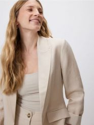 Marynarka z lnem i wiskozą - beżowy. Brązowe marynarki i żakiety damskie Reserved, l, bez wzorów, z tkaniny. Za 199.99 zł.