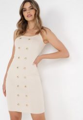 Beżowa Sukienka Eunitheme. Brązowe sukienki damskie Born2be, s, bez wzorów, z dzianiny, retro, bez kołnierzyka, bez ramiączek, mini, bodycon. W wyprzedaży za 119.99 zł.