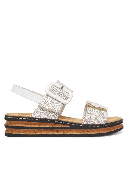Rieker Sandały 62950-80 Biały. Białe sandały damskie Rieker, bez wzorów, ze skóry, bez obcasa, na koturnie. Za 319.99 zł.