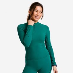 Koszulka fitness damska Domyos długi rękaw. Zielone topy sportowe damskie DOMYOS, s, bez wzorów, z elastanu, bez ramiączek. Za 119.99 zł.