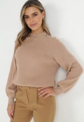 Beżowy Sweter Dzianinowy z Długim Rękawem i Guzikami Omes. Brązowe swetry klasyczne damskie Born2be, z dzianiny, bez kołnierzyka. Za 129.99 zł.