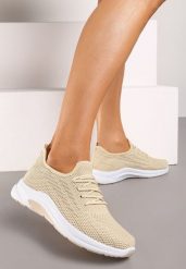 Beżowe Buty Sportowe z Siateczki Zdobione Wiązaniem Salmerus. Brązowe buty sportowe na co dzień damskie Born2be, z aplikacjami, z materiału. Za 44.99 zł.