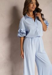 Niebieski Komplet Szerokie Spodnie i Koszula z Falbanami Rivathins. Niebieskie koszule damskie Renee, bez wzorów, eleganckie. Za 149.99 zł.