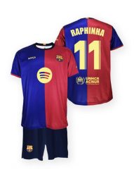 FC Barcelona komplet koszulka spodenki junior Home FCB 2024/25 Raphinha. Niebieskie bluzki sportowe damskie FC Barcelona, z materiału, bez kołnierzyka, bez ramiączek. Za 324.41 zł.