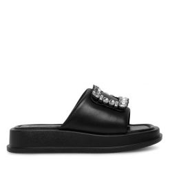Klapki Badura. Czarne klapki damskie Badura, bez wzorów, bez obcasa. Za 229.99 zł.