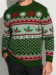 Sweter z motywem świątecznym - zielony. Zielone swetry męskie Sinsay, l, bez wzorów, bez kołnierzyka. Za 79.99 zł.
