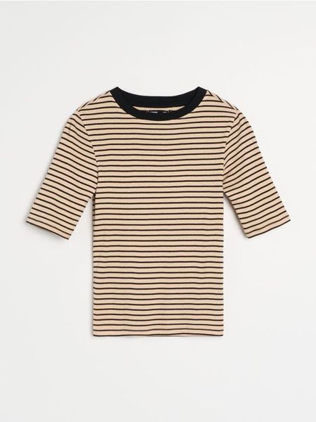 Bawełniana koszulka w paski - kremowy. Białe t-shirty damskie Sinsay, l, bez wzorów, z bawełny, bez kołnierzyka. W wyprzedaży za 19.99 zł.