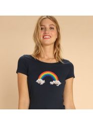 WOOOP Koszulka "Candy rainbow" w kolorze granatowym rozmiar: L. Niebieskie bluzki damskie Wooop, l, bez wzorów, z bawełny, bez kołnierzyka, bez ramiączek. Za 66.00 zł.