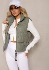 Ciemnozielona Kamizelka z Wysokim Kołnierzem i Suwakiem z Ozdobą Aklaria. Zielone kamizelki damskie Renee, xl. Za 49.99 zł.