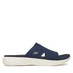 Klapki Skechers. Niebieskie klapki damskie Skechers, bez wzorów, bez obcasa. Za 169.99 zł.