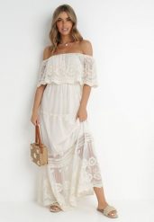 Beżowa Sukienka Masika. Brązowe sukienki damskie Born2be, na co dzień, z aplikacjami, boho, bez kołnierzyka, bez ramiączek, maxi, proste. W wyprzedaży za 135.99 zł.