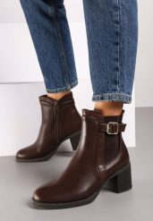 Brązowe Botki w Stylu Sztybletów z Gumką i Ozdobną Klamrą Lerisas. Brązowe botki damskie Born2be, z jeansu, eleganckie, bez obcasa, na obcasie, bez zapięcia. Za 119.99 zł.