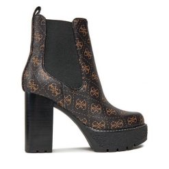 Botki Guess. Brązowe botki damskie Guess, bez obcasa, na słupku, bez zapięcia. Za 779.99 zł.