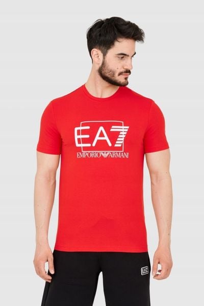 EA7 Czerwony męski t-shirt z dużym białym logo, Rozmiar L. Czerwone t-shirty męskie EA7 Emporio Armani, l, bez wzorów, bez kołnierzyka. W wyprzedaży za 236.99 zł.