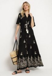 Czarna Wiskozowa Sukienka Boho o Rozkloszowanym Kroju z Haftem i Wiązaniem Lilvanis. Czarne sukienki damskie Born2be, na co dzień, l, bez wzorów, z jeansu, boho, bez kołnierzyka, bez ramiączek, maxi, rozkloszowane. W wyprzedaży za 135.99 zł.