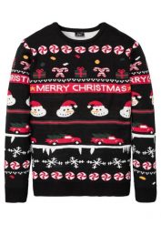 Sweter z bożonarodzeniowym motywem. Czarne swetry męskie bonprix, l, bez wzorów, bez kołnierzyka. Za 129.99 zł.