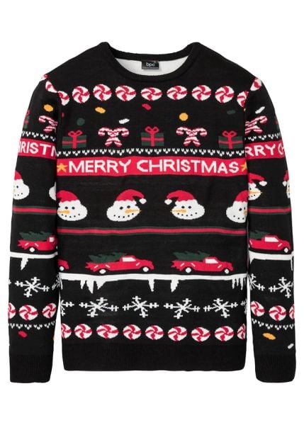 Sweter z bożonarodzeniowym motywem. Czarne swetry męskie bonprix, l, bez wzorów, bez kołnierzyka. Za 129.99 zł.