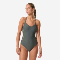 Strój jednoczęściowy pływacki damski Nabaiji Lila. Zielone stroje jednoczęściowe damskie Decathlon, l, bez wzorów. Za 89.99 zł.