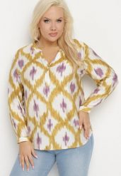 Żółta Koszula z Wiskozą w Geometryczny Wzór z Dekoltem w Serek Evelivia. Żółte koszule damskie Born2be, plus size, bez wzorów, z jeansu, eleganckie, bez kołnierzyka, plus size, bez ramiączek. Za 69.99 zł.