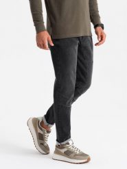 Spodnie męskie jeansowe TAPERED FIT z przeszyciami i podwiniętymi nogawkami – czarne V3 OM-PADP-0161 - XXL. Czarne spodnie materiałowe męskie Ombre Clothing, z aplikacjami, z bawełny, eleganckie. Za 107.99 zł.