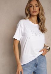 Biały Bawełniany T-shirt Zdobiony Haftowanym Napisem z Cekinami Ulionis. Białe t-shirty damskie Renee, m, z aplikacjami, z bawełny, bez kołnierzyka. Za 39.99 zł.