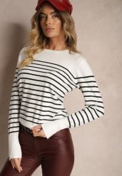 Biały Sweter z Wiskozą Bawełną z Nitami w Paski Vitita. Białe swetry klasyczne damskie Renee, m, z bawełny, bez kołnierzyka. Za 64.99 zł.