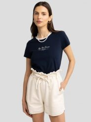 Koszulka damska z kontrastowym wykoŅczeniem granatowa Bessa 403. Niebieskie t-shirty damskie Big Star, l, bez wzorów, z dzianiny, bez kołnierzyka. Za 89.99 zł.