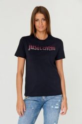 JUST CAVALLI Czarny t-shirt R LOGO CRYSTAL. Czarne t-shirty damskie Just Cavalli, s, bez wzorów, z bawełny, bez kołnierzyka. W wyprzedaży za 349.99 zł.