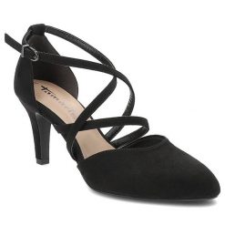 Czarne Czółenka Tamaris Eleganckie Obuwie Damskie. Czarne czółenka damskie Tamaris, bez wzorów, z materiału, ze szpiczastym noskiem, bez obcasa, na obcasie. Za 249.00 zł.