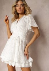 Biała Rozkloszowana Sukienka z Dekoltem Zapinanym na Napy Tarae. Białe sukienki damskie Renee, na co dzień, l, bez wzorów, eleganckie, bez kołnierzyka, bez ramiączek, mini, kopertowe. W wyprzedaży za 125.99 zł.