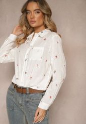 Biała Wiskozowa Koszula Ozdobiona Kwiatowym Haftem Vilreis. Białe koszule damskie Renee, m, bez wzorów, z jeansu, eleganckie, bez kołnierzyka, bez ramiączek. Za 99.99 zł.