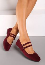 Bordowe Balerinki o Kwadratowym Nosku z Paskami i Eleganckimi Klamerkami Nailan. Czerwone baleriny damskie Renee, z aplikacjami, z jedwabiu, bez obcasa, na obcasie. Za 49.99 zł.