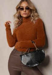 Brązowy Dopasowany Golf z Wełną i Ściągaczami Pacienche. Brązowe golfy damskie Renee, l, bez wzorów, z wełny, bez ramiączek. Za 49.99 zł.