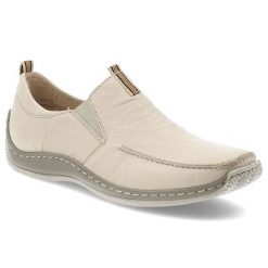 Beżowe Półbuty Rieker Stylowe Wsuwane Obuwie Damskie. Brązowe półbuty damskie Rieker, bez wzorów, ze skóry, eleganckie, bez obcasa. Za 269.00 zł.