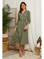 Lin Passion Lniana sukienka w kolorze khaki rozmiar: 40/42. Brązowe sukienki damskie Lin Passion, bez wzorów, ze lnu, klasyczne, bez kołnierzyka, bez ramiączek, midi, rozkloszowane. Za 250.35 zł.