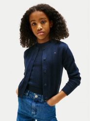 Tommy Hilfiger Kardigan Pointelle KG0KG08677 Granatowy Regular Fit. Niebieskie swetry dziewczęce Tommy Hilfiger, bez wzorów, z bawełny, bez kołnierzyka. Za 249.99 zł.
