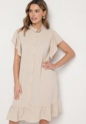 Beżowa Sukienka Koszulowa z Guzikami i Falbankami Tenalena. Brązowe sukienki damskie Born2be, na co dzień, bez wzorów, eleganckie, bez kołnierzyka, bez ramiączek, midi, koszulowe. W wyprzedaży za 67.99 zł.