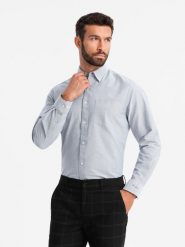 Elegancka koszula męska oxford z haftem i kieszonką – jasnoszara V2 OM-SHOS-0173 - XXL. Szare koszule męskie Ombre Clothing, l, bez wzorów, z bawełny, bez kołnierzyka, bez ramiączek. W wyprzedaży za 109.99 zł.
