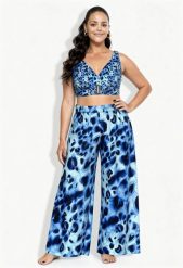 Damskie Spodnie palazzo zwierzęcy wzór szeroka nogawka elastyczny pas. Niebieskie spodnie materiałowe damskie Ulla Popken, bez wzorów, z materiału, plus size. Za 191.99 zł.