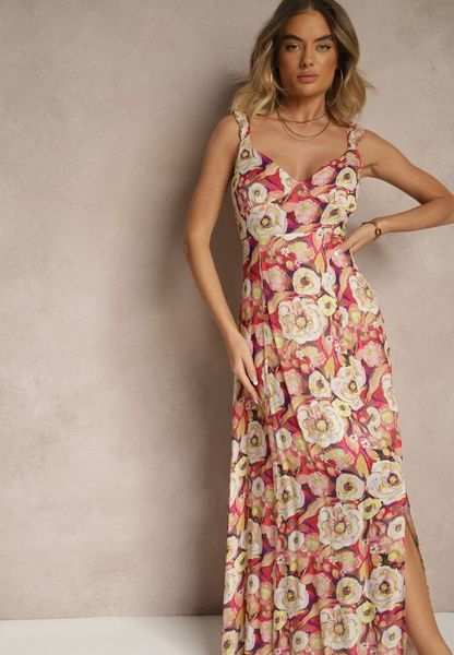 Czerwono-Beżowa Wiskozowa Sukienka o Rozkloszowanym Kroju w Kwiaty Redalie. Czerwone sukienki damskie Renee, na co dzień, l, bez wzorów, z wiskozy, klasyczne, bez kołnierzyka, bez ramiączek, maxi, rozkloszowane. Za 79.99 zł.