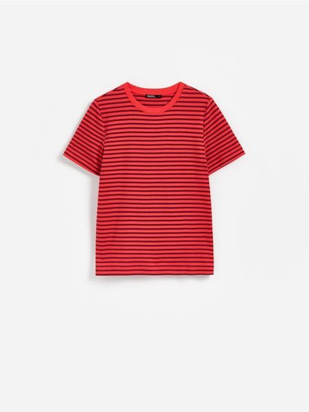 T-shirt z bawełny merceryzowanej - mahoniowy. Brązowe t-shirty damskie Reserved, l, bez wzorów, z bawełny, bez kołnierzyka. Za 79.99 zł.