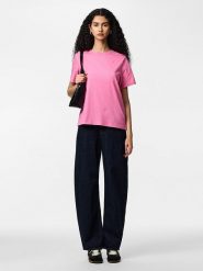 Pieces Koszulka "Pcria" w kolorze różowym rozmiar: L. Różowe bluzki damskie Pieces, l, bez wzorów, z bawełny, bez kołnierzyka, bez ramiączek. Za 53.17 zł.